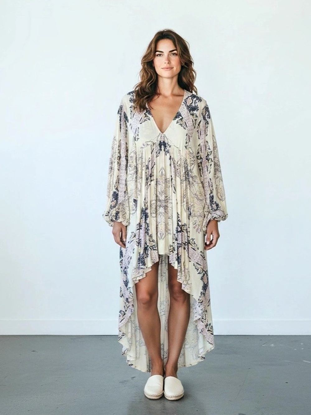 Free People Girl Talk Tunic Floral Maxi Dress Cream & Purple Large
